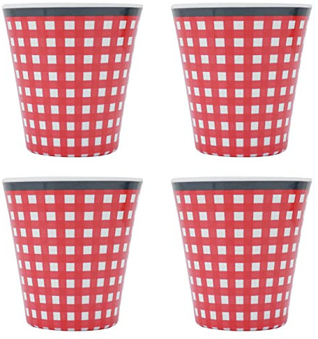 Baxnore 4 Pack Student Home Melamine Mugs, 260ml Coffee Cups with Red Grid, Beverage Mugs for Dorms Office Stackable Space Saving