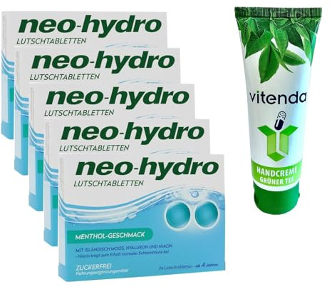 neo-hydro Lutschtabletten – Befeuchtung für trockenen Hals und Mund 5x24 Stück - inclusive einer Handcreme von vitenda - mit Isländisch Moos, Hyaluronsäure und Niacin, zuckerfrei