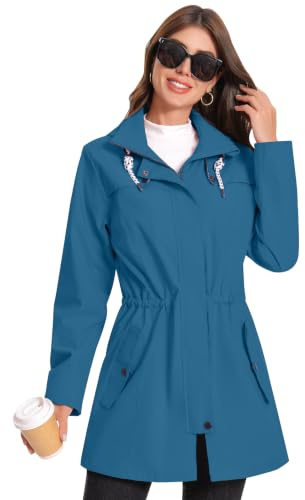 Zdoynto Regenjacke Damen mit Kapuze Leichte Lang Wasserdicht Regenmantel | Übergangsjacke, Atmungsaktiv Softshelljacke, Trenchcoat, Herbstjacke, Frühling Herbst, 2 Taschen, Doppellagige Manschetten