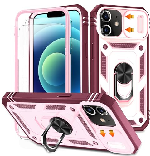 HpulaCase for iphone 11 Case with Camera Cover Slider, 2*Screen Protectors,Build in 360°Rotating Ring Kickstand, Military Grade Protective Case for iphone 11 6.1-Wine Red/Pink