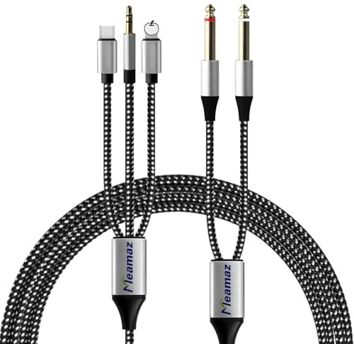 Meamaz 6.56FT 3-in-1 i-Phone to 1/4 Jack Cable, USB C to 6.35mm Audio Jack | MFi Certified Dual 1/4 to USBC, L-ightning/AUX/USB C to 1 4 TRS Stereo Cable, i-Phone to Mixer Cable for Speakers Amplifiers
