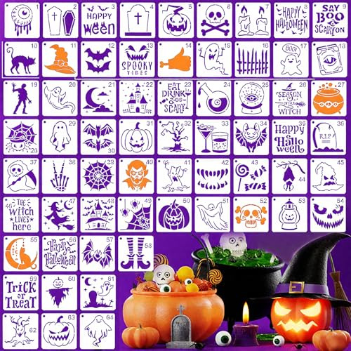 64 Stück Halloween Schablonen 7.6×7.6 cm zum Malen Wiederverwendbare Malschablonen mit Kürbis Geist Hexe Spinne DIY Vorlagen für Halloween Deko Basteln Holz Stoff Schnitzen Kinder