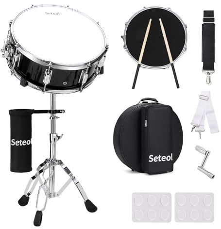 Seteol Snare Drum Set, 14 x 5.5 Marching Snare Drum with Stand & Storage Padded Bag + Silent Mute Pad + Drums Sticks + Drumstick Holder + Drums Key + Damper Gels for Adults (Black)