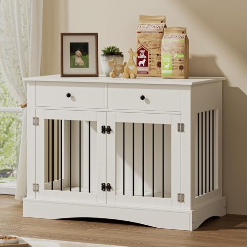 The Fellie Wooden Dog Crates with 2 Large Drawer Storage, Indoor Wooden Pet Kennel with Double Door, Large Dogs Crate Furniture for Dogs, Lockable Decorative Pet House, End Table, 113x60x87.5cm, White