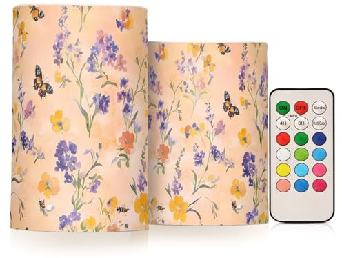 famyily Flowers Lavender Pansy Butterflies Bees Peach Flameless Pillar Candles Flameless Candles Set with Color Changing for Christmas 4 5 Set of 2