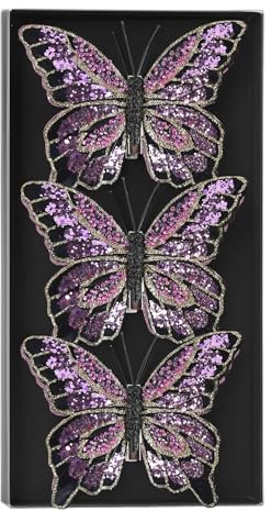 MIJOMA Deko-Schmetterlinge mit Clip, farbenfrohe Schmetterlinge für Festliche Dekoration, vielseitig einsetzbar für Floristik, Hochzeit, Weihnachten und Bastelarbeiten (Violett Glitter, 3 Stück)