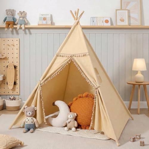 Wilwolfer Kids Teepee Tent Indoor: Foldable Cotton Tipi Play Tent with Window, Large Playhouse for Girls and Boys, Indoor Outdoor Birthday Gift (Khaki – Tassel Set)