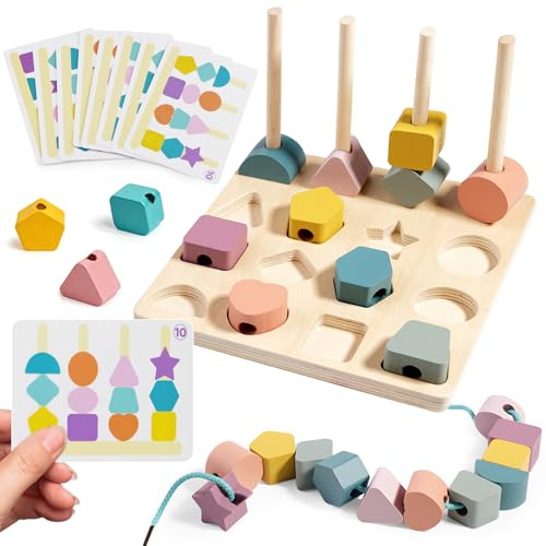 HA BIN Montessori Spielzeug ab 2 3 4 5 Jahre Fädelspiel Bausteine und Steckspiel aus Holz, Motorikspielzeug als Lernspielzeug für Kinder ab 3 Jahren zum Stapeln und zur Formklassifizierung