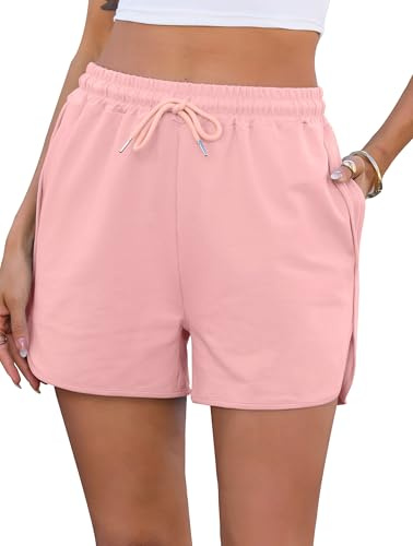 Vlazom Short de Sport Femme Coton avec Poche et Taille Ajustable Confortable et Léger，Rose，M