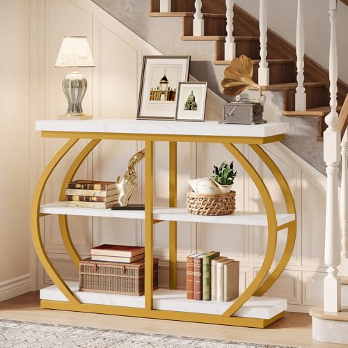 Tribesigns Table console industrielle à 3 niveaux avec cadre en métal arqué et étagères de rangement pour salon, couloir, or blanc 104,9 cm