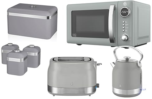 Swan Retro Revive Grey Kitchen Set – Traditonal Stovetop Electric Kettle, 2 Slice Toaster, Digital Microwave, Retro Breadbin & Canisters. Matching Set of 7 - Grey Glossy Finish/Chrome Accents