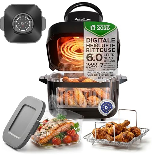 TurboTronic Heißluftfritteuse 6 L - AFG6-1600 W Glas Airfryer – Digitale Heißluft Fritteuse 50–180 °C 7 Programme Touch-Display Air Fryer Heißluftofen BPA-frei (schwarz)
