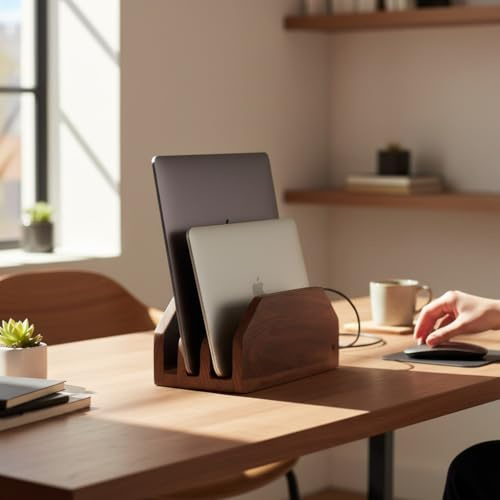 Woodmede Vertical Laptop Stand, Dual Slot Walnut Wood Laptop Holder for Desk, Natural Wooden Laptop Stand for MacBook and Other Laptops