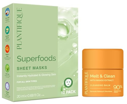 PLANTIFIQUE Koreanische Gesichtsmaske 10-Pack mit Superfoods - Hydrierend and Straffend Tuchmasken & Korean Cleansing Balm mit Papaya - Wasserfest Augen Make Up Entferner, 40 g