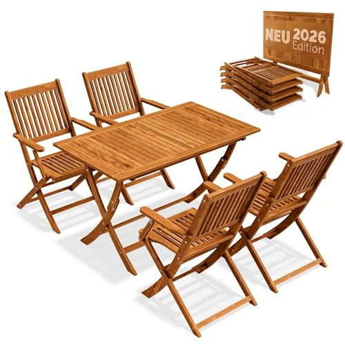 CASARIA Juego Comedor Exterior Plegable Madera Acacia Reposabrazos 5 Piezas