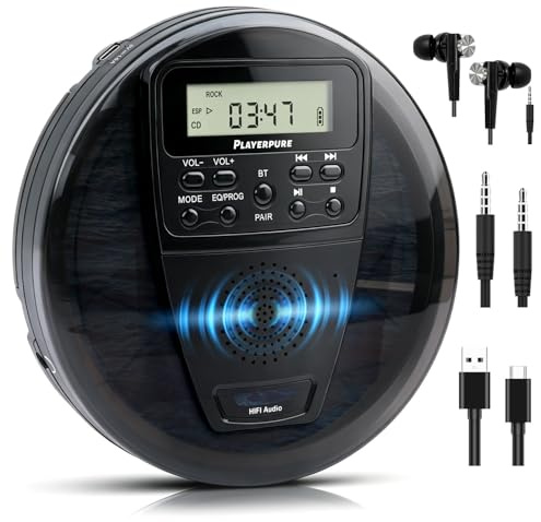 Portable CD Player with Bluetooth and Speaker, 10H Playtime Rechargeable personal CD Player, HiFi Stereo Sound, 60s Anti-Skip Protection, PROG Playback & EQ Modes, Headphones and AUX Cable Included