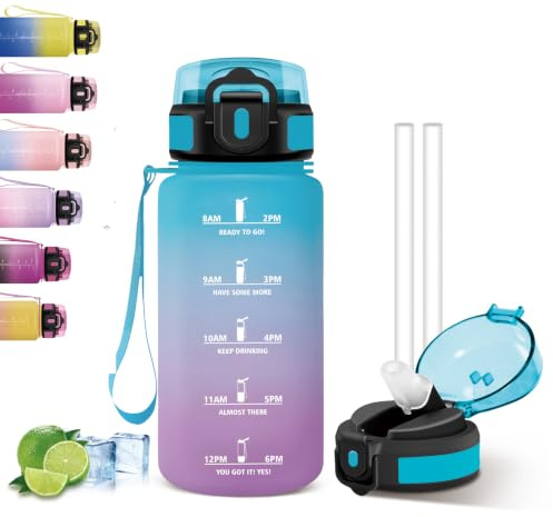 Mujigaga Trinkflasche Kinder- 500ml- Trinkflasche 500ml, Wasserflasche mit Strohhalm, Wiederverwendbar, Flasche mit Zeitmarkierung, Auslaufsicher, Wasserflasche für Schule, Reisen, Picknick,Freizeit