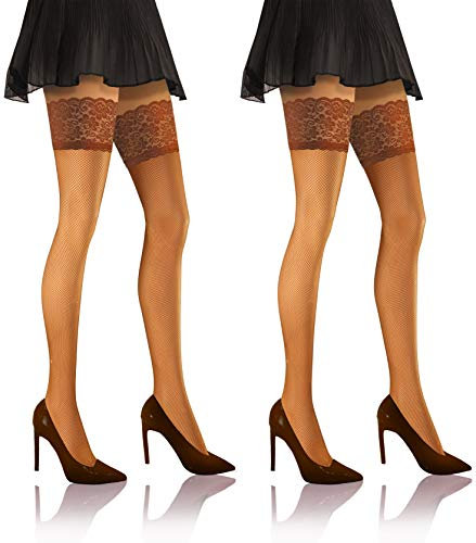 Sesto Senso 2 pares Medias Rejilla Autoadhesivas Encaje Lencería Sexy Mujer 3/4 M-L Glace Beige Marrón