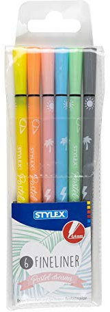 Stylex 32620 - Fineliner in zarten Pastellfarben, 6 Stück farbig sortiert im Etui, Strichstärke 0,4 mm, zum Schreiben und Skizzieren, für die Schule, im Büro oder Zuhause