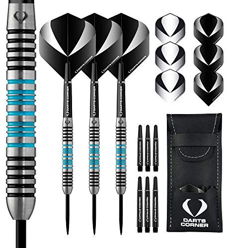 DESIGNA DARTS Marine | 80% Wolfram Barrel Steel Tip Dart Set mit Flights, Stielen und Etui, 25 g, M2, schwarz/blau (D0674)