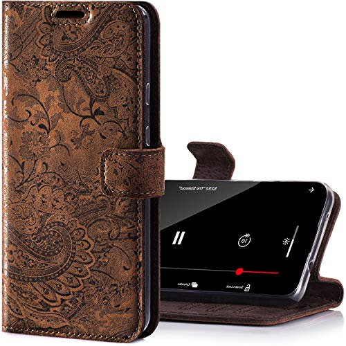 SURAZO Handyhülle für S10 Plus – Premium Echtleder Hülle Schutzhülle mit [Standfunktion, Kartenfach, RFID Schutz, Blumenmuster] Klapphülle Wallet case Handmade für Samsung Galaxy S10 Plus (Braun)
