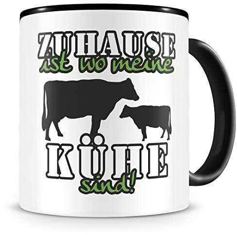 Samunshi® Kühe Tasse mit Spruch Zuhause - Geschenk für Fans, Lustige Kaffeetasse zum Geburtstag, Schwarz 300ml