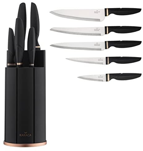 Karaca Proofcut 6-Piece Black Knife Set with Block, Stainless Steel Kitchen Knives Sets with Ergonomic Handles, Includes Chef's, Carving, Bread, Utility, Paring Knives & Rubber Stand