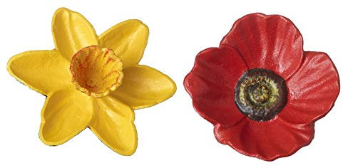Cast Iron Set of 1 Red Poppy & 1 Daffodil Garden Ornament Decoration Wild Bird Feeder Dish Bath