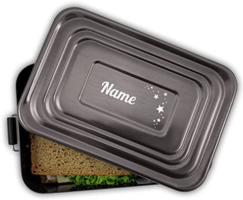 Unikatolo Brotdose mit Name und Motiv, GRAU Aluminium Lunchbox mit Gravur Geschenk-Idee für Kinder, Schule, Kindergarten, Metall, Vesperdose Erwachsene
