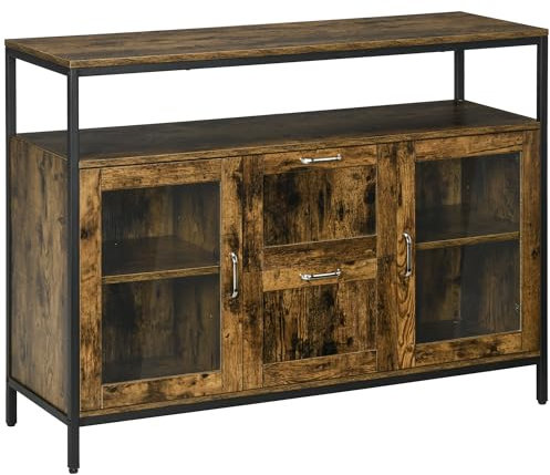 HOMCOM Aparador de Cocina Bueffet para Salón con 2 Puertas de Cristal 2 Cajones y Estantes Abiertos Armario Auxiliar de Estilo Industrial para Salón Comedor 120x40x88,5 cm Marrón Rústico
