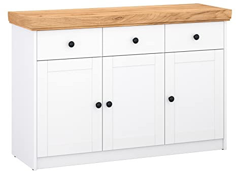 Target Home Sideboard Kommode mit Schubladen und Türen Kommode Schrank Weiß Eiche Gold Landhaus Stil Anrichte (3 Schubladen 3 Türen)