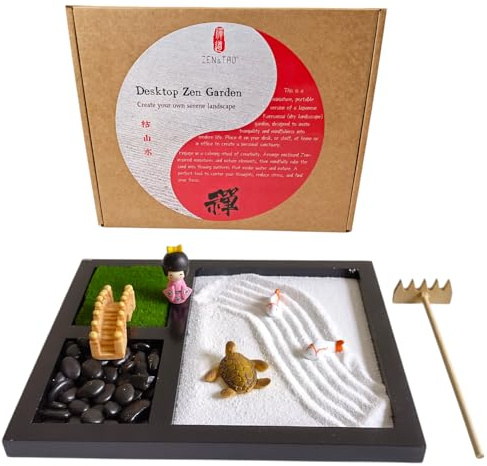 ZEN&TAO Mini Japanese Zen Garden Three-Compartment Tray with Japanese Style Features for Meditation, Leisure and Gifting (Option A)