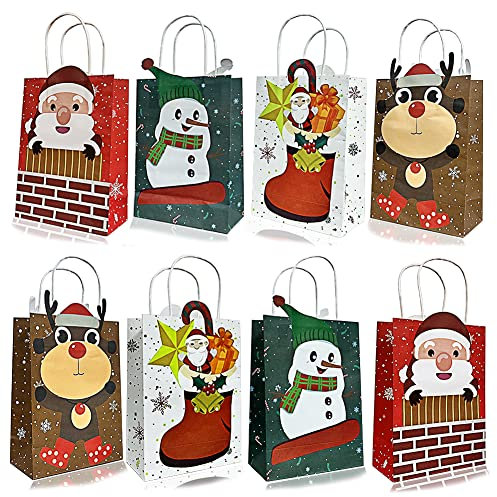 OEMG Geschenktaschen Weihnachten Papiertaschen 16 Stück Geschenktüten Kraftpapier Tüten mit Griffen, Geschenkverpackung Geschenksackerl Klein Weihnachtstragetasche, 22x16x8 cm