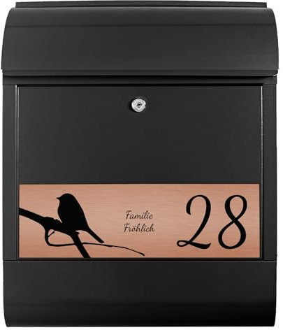 banjado® Briefkasten personalisiert mit graviertem Namensschild in Kupfer/Briefkasten schwarz 39x47x14cm / Briefkasten mit Hausnummer, Namen & Motiv Früher Vogel/Briefkasten mit Zeitungsfach