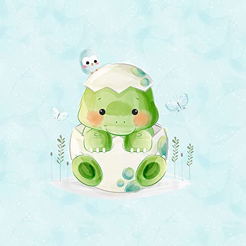 Keine Meterware, Stoff für Kinder, 40x50cm, Stoffe zum Nähen, 95% Baumwolle: 1 French Terry Sweat Stoff Tiere Panel mit Dinosaurier Baby Eule Schmetterling - mint blau - Sommersweat Dino in Eierschale