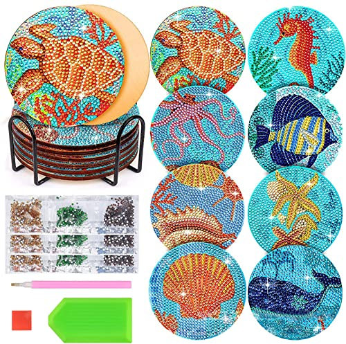 mellystore 8pcs Diamond Painting Untersetzer Set mit Halter Untersetzer Mandala Diamant Malerei Untersetzer DIY 5D Meer Untersetzer zum Basteln fur Tassen Vasen Kerzen Geburtstag Einweihungsgeschenk