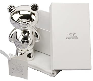 [Custom] Personalised Engraved Silver-plated Standing Teddy Bear Bank Money Box Christening / Birthday / Baby Gift