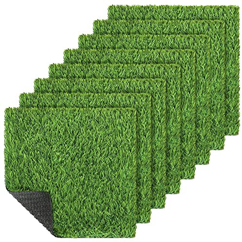 Aodaer 8 Packs Artificial Grass Mat 12 x 12 Inch Squares Fake Grass Mat Synthetic Turf Patch Realistic Grass Rug Artificial Grass Tiles with Drain Hole for DIY Indoor Outdoor Decoration, Grass Green