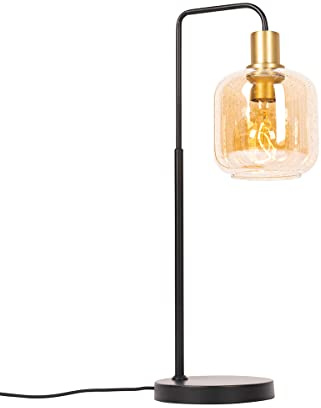 Qazqa Design Tischleuchte mit Glas, Tischlampe - Zuzanna - Messing, Gold mit Bernsteinglas, Vintage, max. 40W, Geeignet für LED, 59.5cm, Ideal als Schlafzimmerlampe und Wohnzimmerlampe