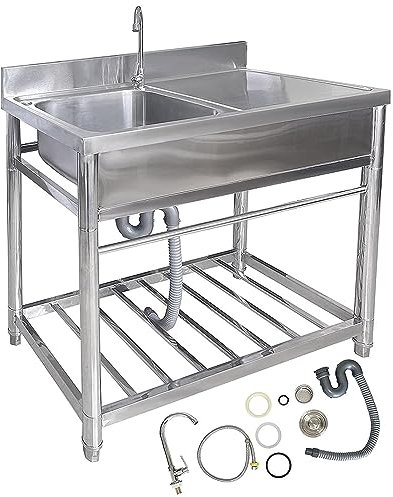 Comerciales Fregadero de Cocina 1 Seno 304 Acero Inoxidable Fregadero Exterior con Grifo,Lavadero Independiente con Banco de Trabajo,Limpieza Fácil,para Restaurante Bar Jardín Industrial Garaje 100cm