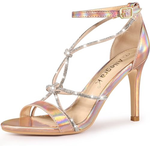 Allegra K Women's Rhinestone Knot Strap Stiletto Heels Sandals Rose Gold 7 UK/Label Size 9 US