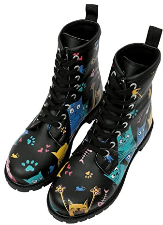 DOGO Long Boots - Cat Lovers BLACK - Vegane Damen Boots und Nachhaltige und Bunte Stiefeletten - Trendige Bequeme Stiefel für Damen