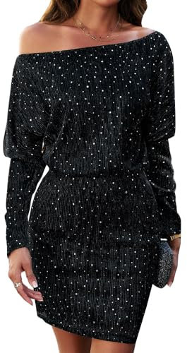 RPAEOY Kleid Damen Bodycon Pailletten Schulterfrei Langarm Sexy Kleid Eng Kurz Minikleid Retro Party Kleider Cocktailkleid Abendkleider Festkleid Herbst Schwarz M