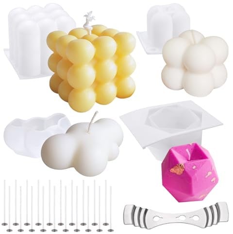 4 Pcs Silicone Candle Moulds for Making 3D Bubble Candles, Non-Stick Wax Melt/Soap Mould, DIY Handmade With 20 Wicks and Wick Holder