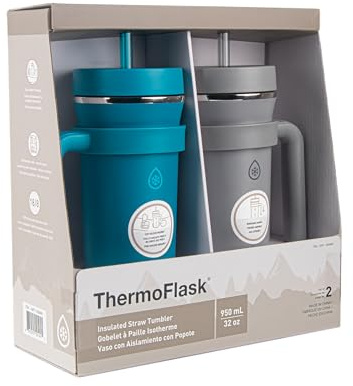 Thermoflask Premium Quality Double Wall Insulated Stainless Steel Tumbler with Handle and Straw Lid, 32 Ounce, 2-Pack, Crystal Teal/Circular Grey
