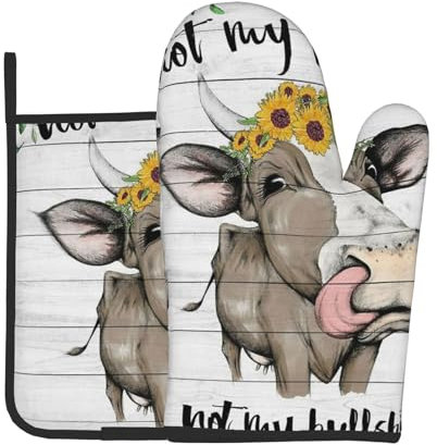 Ofenhandschuhe und Topflappen, Motiv: Kuh, Sonnenblume, Bauernhaus, bedruckt, hitzebeständig, rutschfest, für Küchen, Grillen, Kochen, Backen