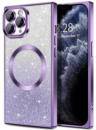 Hython for iPhone 11 Pro Max Case Clear Magnetic Glitter Phone Cases [Compatible with MagSafe] Full Camera Lens Protector Gradient Sparkle Luxury Plating Shockproof Protective Cover, Straight/Purple