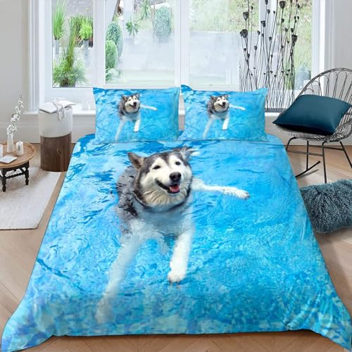 DILANI Bettwäsche 135x200 Winter Hund Bettwäsche-Sets 3 Teilig 3D Schwimmender Husky Bettbezug Weich Mikrofaser Bettbezüge mit Reißverschluss und Kissenbezug 80x80cm für Erwachsene Kinder