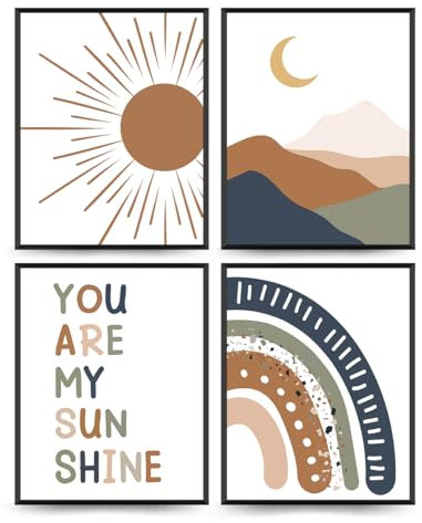 PLKMN Poster mit Aufschrift You Are My Sunshine, Boho-Kinderzimmer-Dekoration, Boho, Regenbogen-Sonnenberg, Kinderzimmer, Spielzimmer, Schlafzimmer, Kinderzimmer, 25,4 x 20,3 cm, ungerahmt