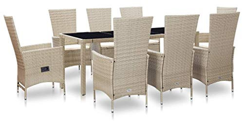 QJBSAVVA 9-TLG Garten-Essgruppe, eckbankgruppe Camping Tisch Stuhl Set gartenbank wetterfest gartenstühle Geeignet für Strand Innenhof Café Outdoor mit Auflagen Poly Rattan Beige